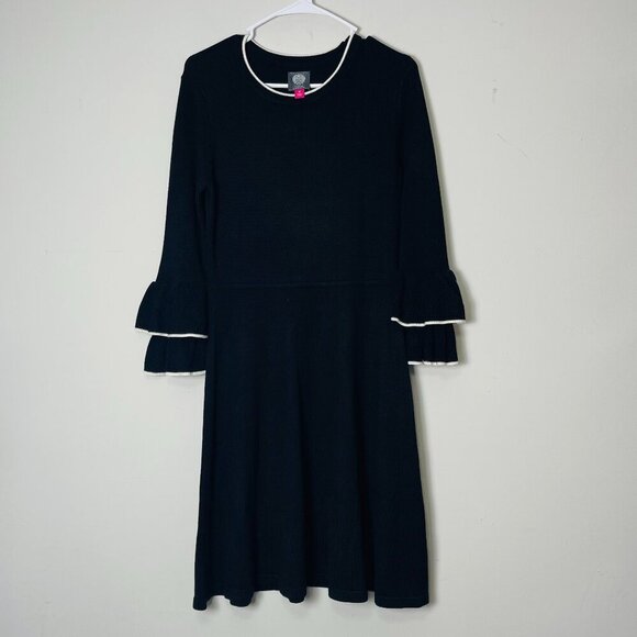Vince Camuto Knit Dress Women Medium Black Ruffle Sleeve Trim A-Line Career - Picture 1 of 12
